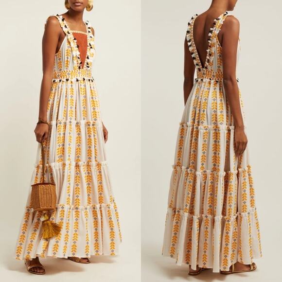 Dodo Bar Or Alicia Boho Embroidered Tassel Cotton Tiered Maxi Dress Size S - Picture 1 of 9
